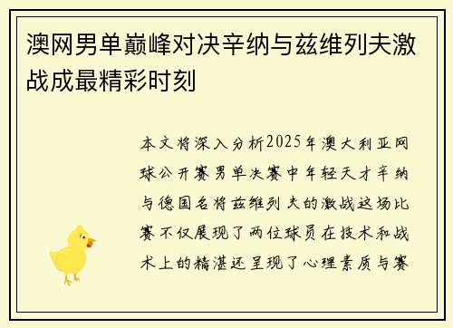 澳网男单巅峰对决辛纳与兹维列夫激战成最精彩时刻